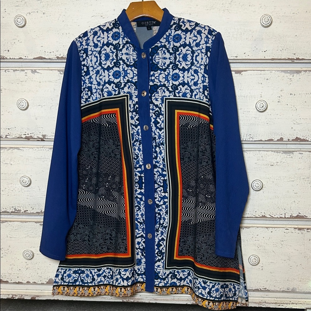 Citron Santa Monica Patchwork Scarf Print Button Down Shirt L